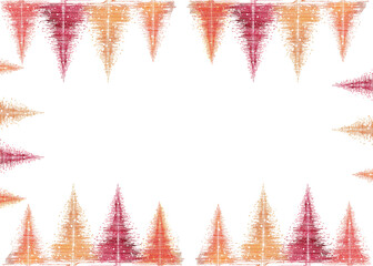 abstract christmas tree frame made of golden, red and orange vibrant, abstract fir trees shapes isolated over white (transparent) background