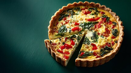 Breakfast quiche with spinach and roasted peppers on a deep green surface, minimal style with upper open area