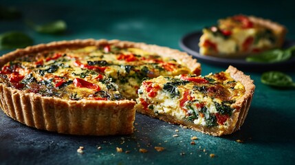 Breakfast quiche with spinach and roasted peppers on a deep green surface, minimal style with upper open area