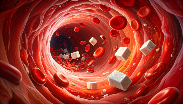 Microscopic view of red blood cells and sugar cubes flowing through a blood vessel artery - Powered by Adobe