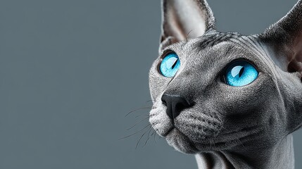 Sphynx Cat Portrait with Striking Blue Eyes and Whimsical Curiosity in a Modern Studio Setting