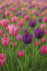 Fototapeta premium Field of pink and purple tulips in bloom AI generated