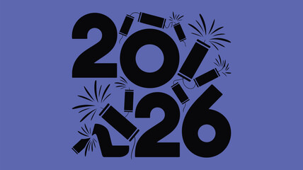 Exciting 2026 New Year celebration design with fun dynamite explosions on periwinkle, perfect for lively party invites and vibrant greeting cards