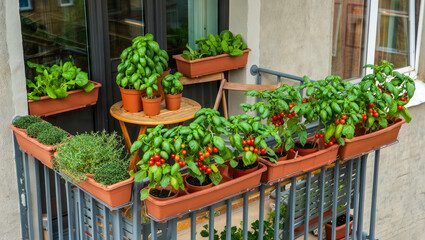 Urban balcony garden with vibrant basil and tomatoes in pots, perfect for city gardening inspiration and homegrown produce, urban balcony garden, homegrow veggies, vertical gardening, city herbs