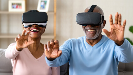 Afro-american elderly couple enjoying virtual reality experience, sitting on couch, exploring VR technology, technology promotions, senior with tech, active aging, senior VR headset