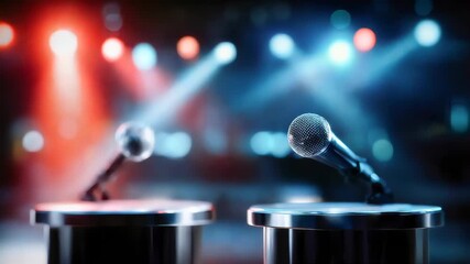 Two microphones positioned on podiums under dramatic stage lighting, ready for a speech or debate