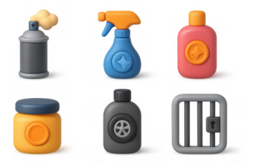 Car care icons collection: spray bottle, detergent, wax, air freshener, lock - perfect for auto maintenance designs