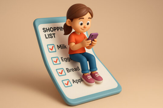 3D illustration of young girl sitting on shopping list while using smartphone. list includes items like milk, eggs, bread, and apples, reflecting modern approach to finance and shopping