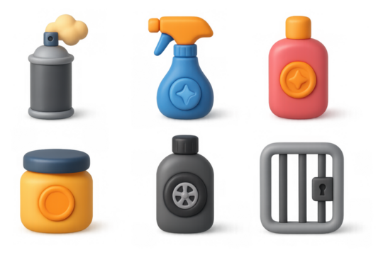 Car care icons collection: spray bottle, detergent, wax, air freshener, lock - perfect for auto maintenance designs - Powered by Adobe