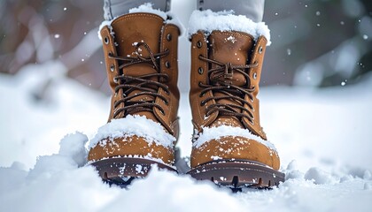 Stylish brown leather boots standing in deep snow, ready for winter adventures and outdoor exploration, a perfect fit for winter fashion, cozy warmth, and enduring style on snowy days