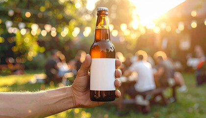 Person's hand presenting a beer bottle with empty label at a sunlit outdoor gathering holding