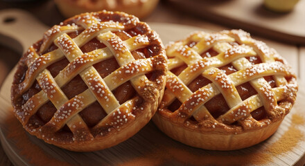 Two golden mini fruit pies with lattice tops and sugar sprinkle on a wooden board.