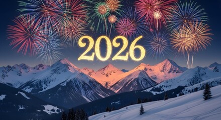 Spectacular new year s eve fireworks over snowy mountains celebrating 2026