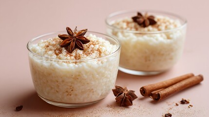 Creamy rice pudding topped with winter spices on blush pink background, clean spacing to the right