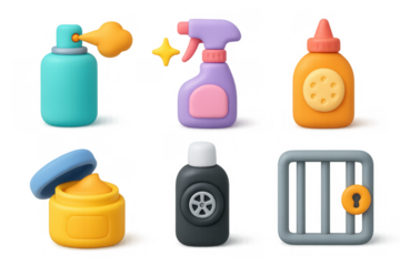 Cartoon car care icons set for auto maintenance and cleaning design