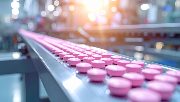 Pharmaceutical manufacturing with pink pills on a conveyor belt and blurred background medicine - Powered by Adobe