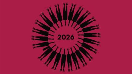 Vibrant 2026 visual featuring silhouetted figures in unity, symbolizing collaboration and community growth with a bold, modern design on a pink backdrop