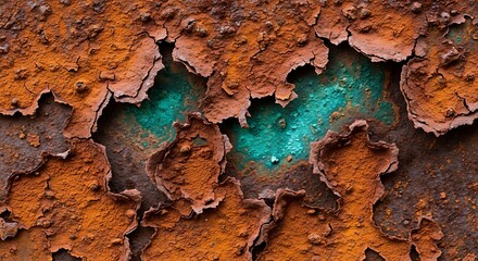 Fototapeta premium A macro photograph of a heavily corroded iron surface. A patchwork of flaking, textured rust in various shades of orange, red, and brown, with spots of teal verdigris.