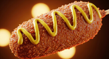 Close up view of a golden brown corn dog with a swirl of yellow mustard on top.