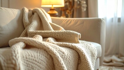 Cozy up with this inviting sofa draped with a soft, chunky knit blanket, evoking a sense of calm and relaxation, perfect for showcasing home decor, interior design, or a peaceful lifestyle