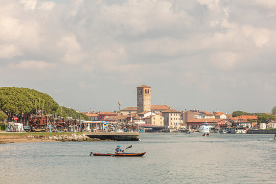 Muggia harbor with colorful houses on the Adriatic coast, Italy