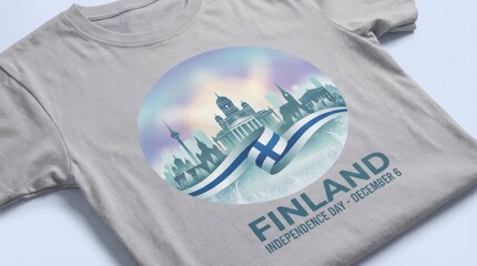 decorative t-shirt print template for finland independence day illustration template featuring simple skyline and flag ribbon in cool tones on soft gradient background with gentle glow