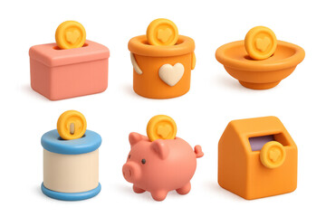 Charity icons set with donation boxes and piggy bank for fundraising design