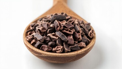 Obraz premium Raw cacao nibs in a wooden spoon. Macro photography of a healthy superfood ingredient isolated on a white background