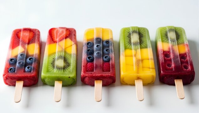 Colorful homemade fruit popsicles with fresh berries and tropical fruit. Healthy summer dessert arranged in a row on a white background
