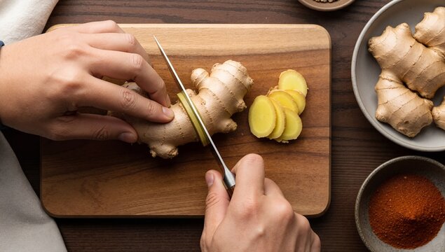 Top view of hands slicing fresh ginger root on a wooden board. Healthy food preparation with natural ingredients and spices. Culinary flat lay scene