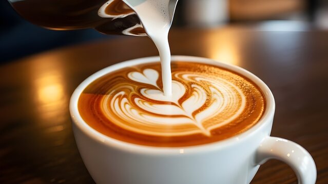 Pouring milk into a cup of coffee creating latte art with a heart design on a wooden table top surface
