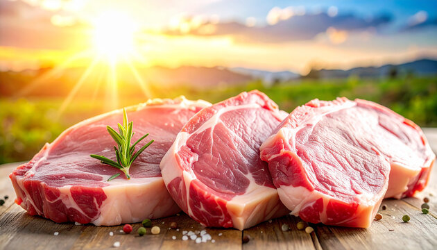 Three Raw Pork Chops with Rosemary and Peppercorns on Wooden Surface at Sunset meat food - Powered by Adobe