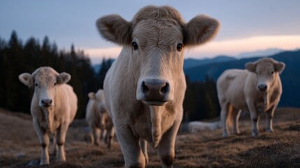 A group of white cows peacefully graze on a hillside at twilight, with the sun setting behind towering mountains. The calm scene evokes a sense of tranquility and connection with nature