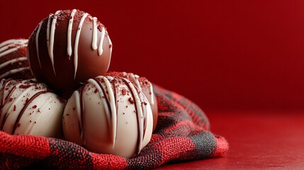 Fototapeta premium Holiday breakfast cocoa balls on matte red background, elegant composition with side copy space