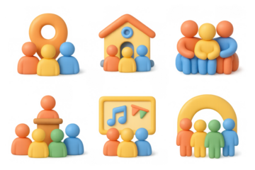Colorful community icon set featuring people, house, music, and presentation themes for digital design