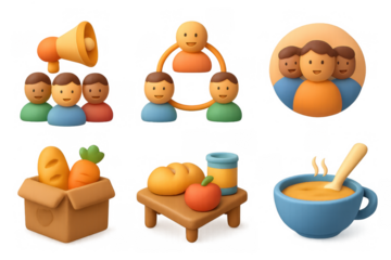 Community support icons featuring teamwork, food donation, and warm meal