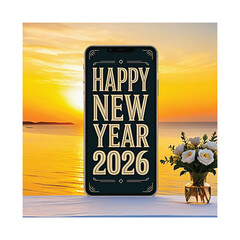 Happy New Year 2026 Greeting on Smartphone Mockup at Golden Sunset with Flowers