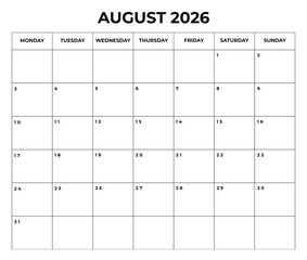 Printable August 2026 Calendar with Daily Boxes — Week Starts from Monday