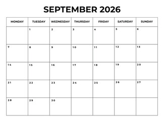 Printable September 2026 Calendar with Daily Boxes — Week Starts from Monday