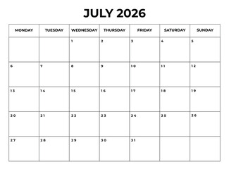 Printable July 2026 Calendar with Daily Boxes — Week Starts from Monday