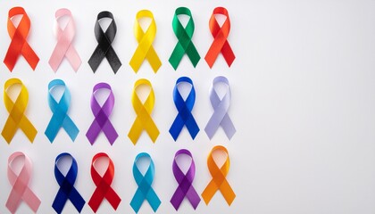 colorful ribbons on white background, world cancer day, World Autism Awareness Day concept