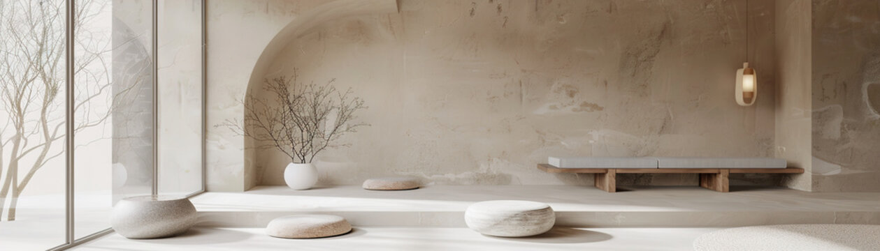 The scene shows an empty room featuring natural stone textures. Simple furniture and a few plants add to the minimalist design. Soft light filters through large windows