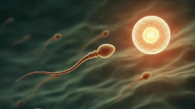 Fertilization Process Cinematic Footage Sperm Approaching Egg Cell Glowing