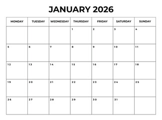 Printable January 2026 Calendar with Daily Boxes — Week Starts from Monday
