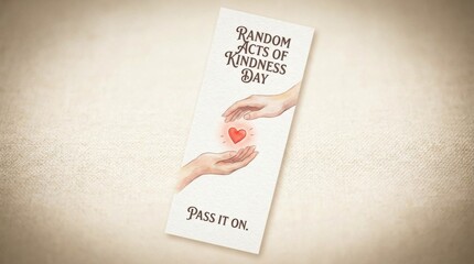 decorative bookmark template for random acts of kindness day illustration template featuring hands passing a small heart symbol on light neutral background with soft vignette