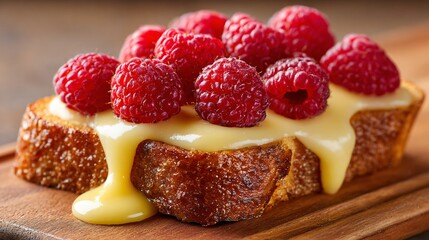 Toasted brioche topped with lemon curd and raspberries on warm beige, left copy space