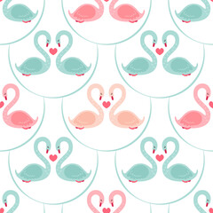 Seamless pattern of loving swans. Romantic elements for Valentine's Day or a birthday. Vector illustration in flat style on a white background.