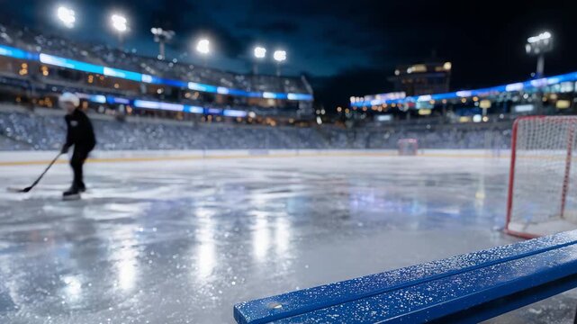 Empty ice hockey arena at night, ice slightly flooded creating mirror effects, soft light bouncing off wet surface, pristine boards and goal nets standing in quiet emptiness