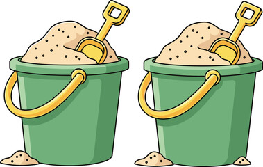 Beach sand bucket illustration, summer play toy with shovel, fun sandcastle building concept, cute cartoon pail artwork for vacation themes