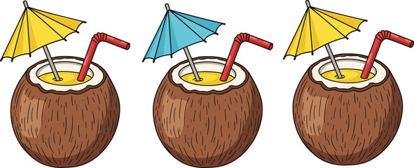 Coconut drink illustration, tropical summer beverage with umbrella and straw, refreshing cocktail artwork, beach vacation themed design, exotic fruity refreshment